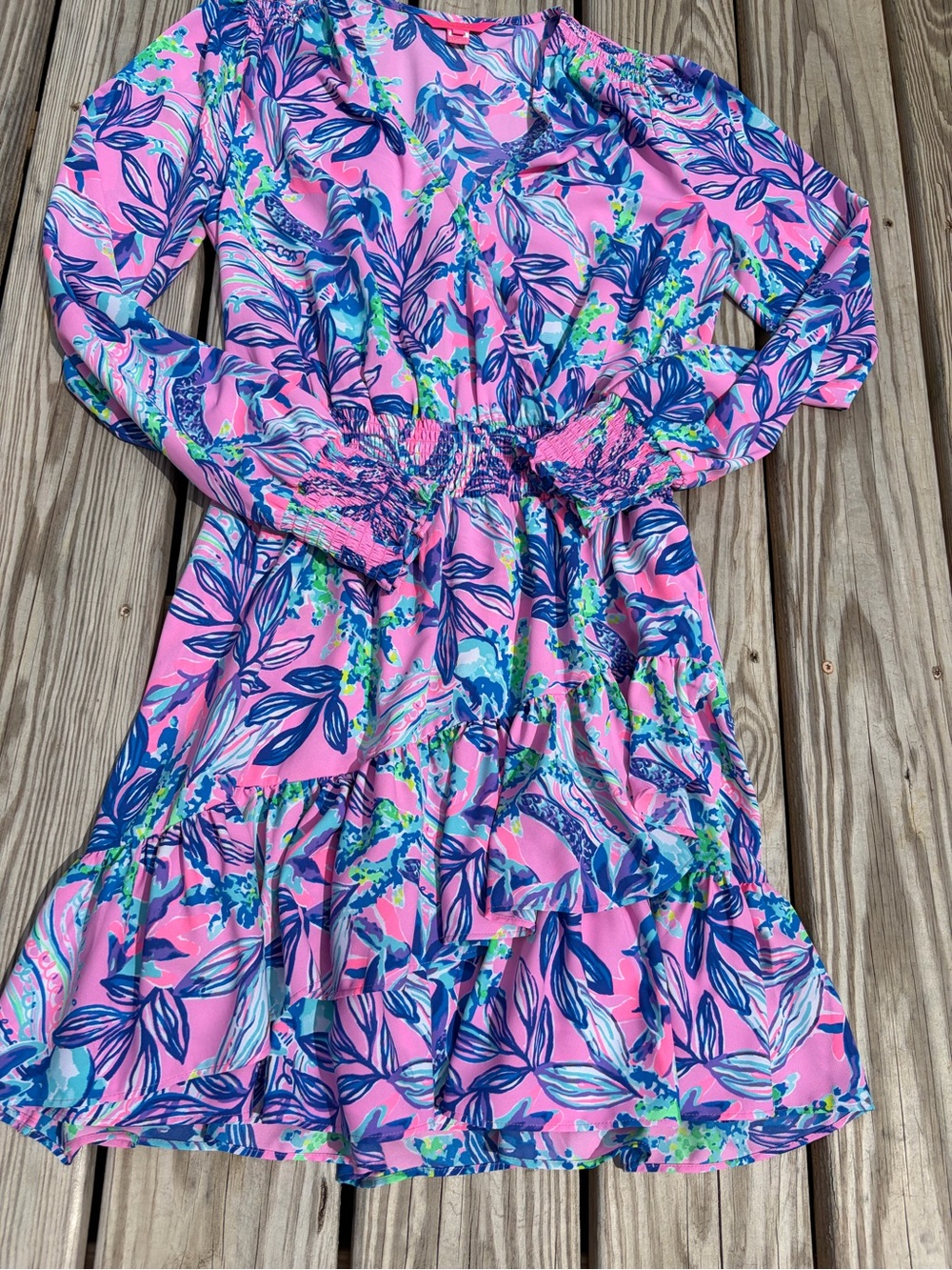 Lilly Pulitzer Cristiana long Sleeve Floral Ruffle Mini Dress Smocked Size 8 - Picture 6 of 11
